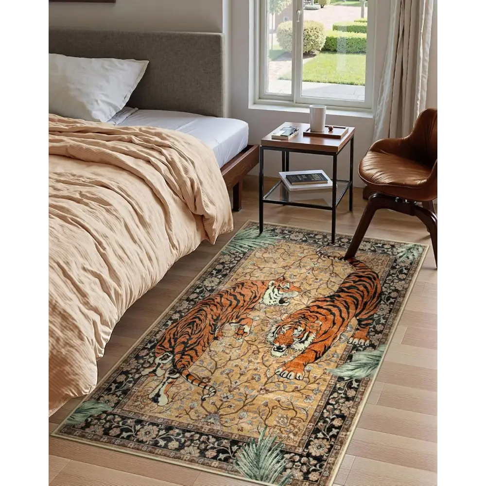 Tapis de tigre avec un design complexe et des tigres orange vibrants sur un fond beige.