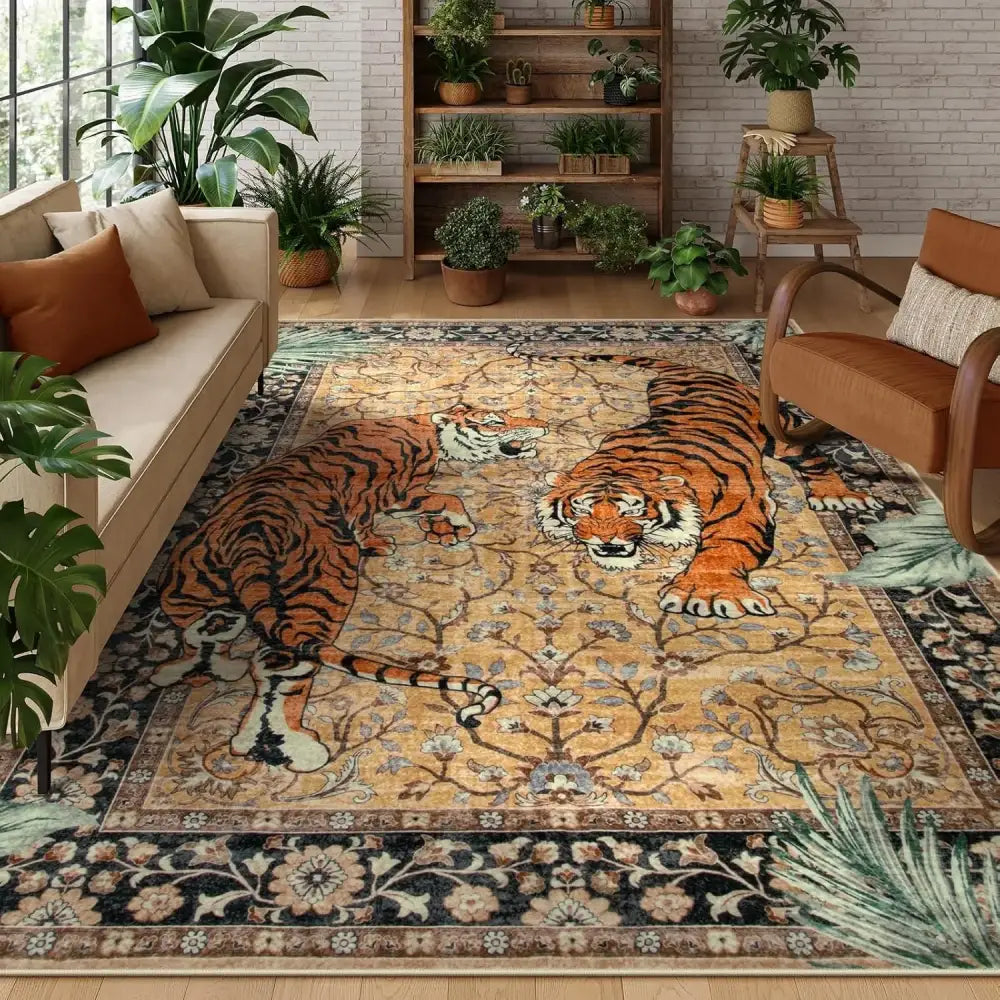 Tapis de zone à thème tigre avec bordure florale élaborée et couleurs vives orange, noir, blanc.