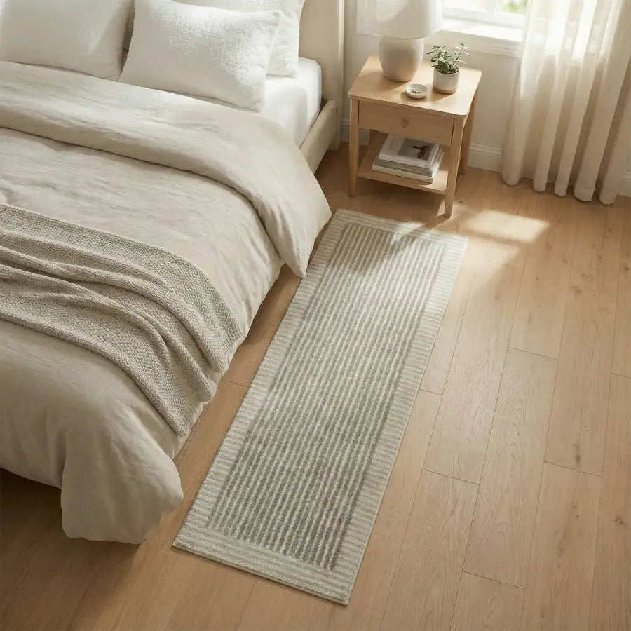 Tapis de couloir tissé de couleur crème avec texture en fibres naturelles et design minimaliste, adapté à la décoration de chambre à coucher moderne.