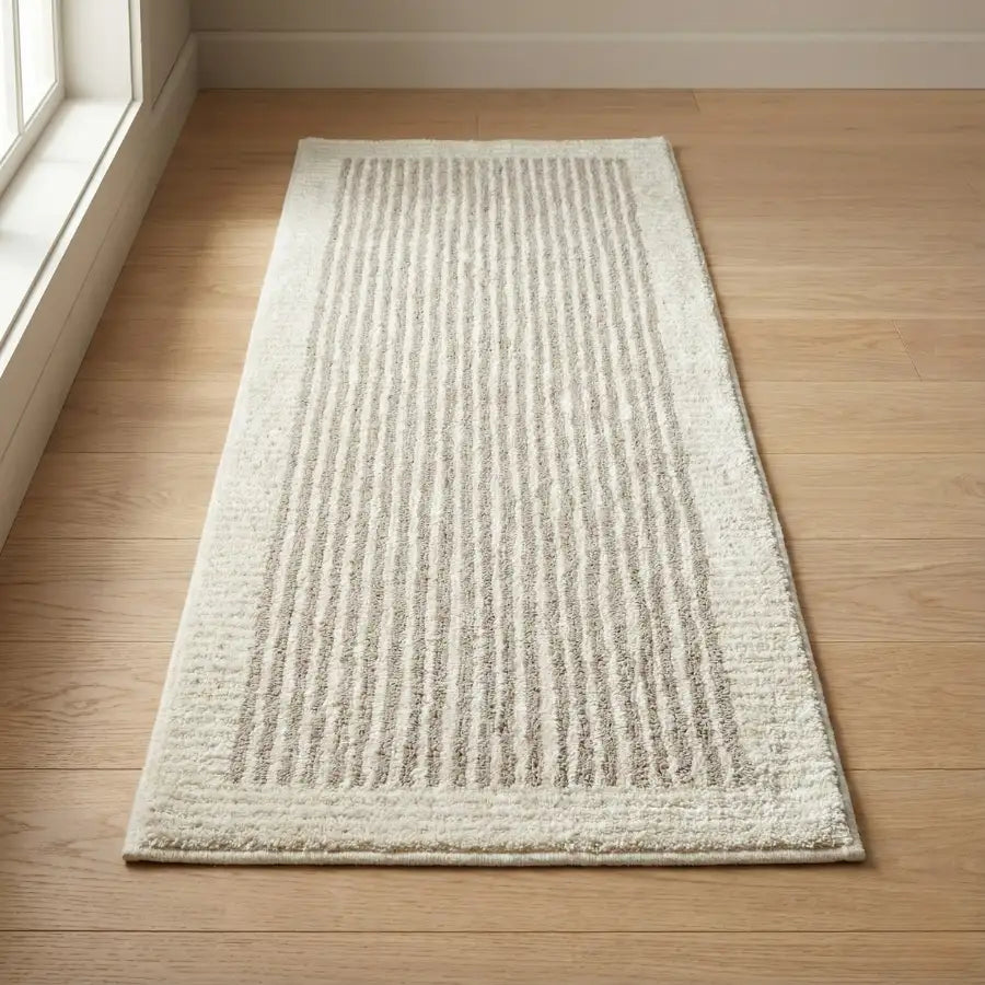 Tapis de couleur crème avec des rayures texturées et un motif subtil, probablement fabriqué en laine ou en fibres synthétiques.