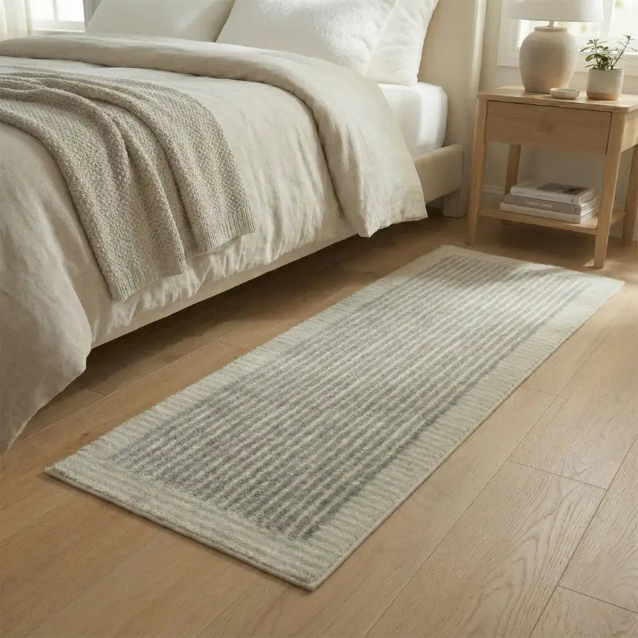 Tapis texturé beige avec motif rayé, probablement en laine ou en coton.