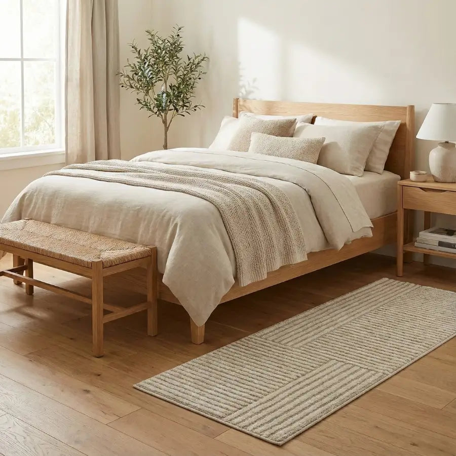 Cadre de lit plateforme en bois naturel avec banc tissé et ensemble de literie beige.