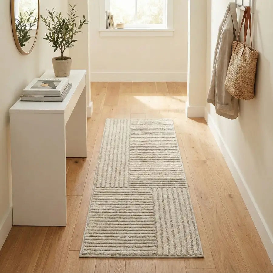 Tapis texturé beige avec motif géométrique, design moderne.
