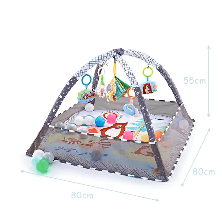 Tapis de jeu pour bébé avec jouets suspendus et balles colorées, tissu gris, dimensions 80 cm x 55 cm.