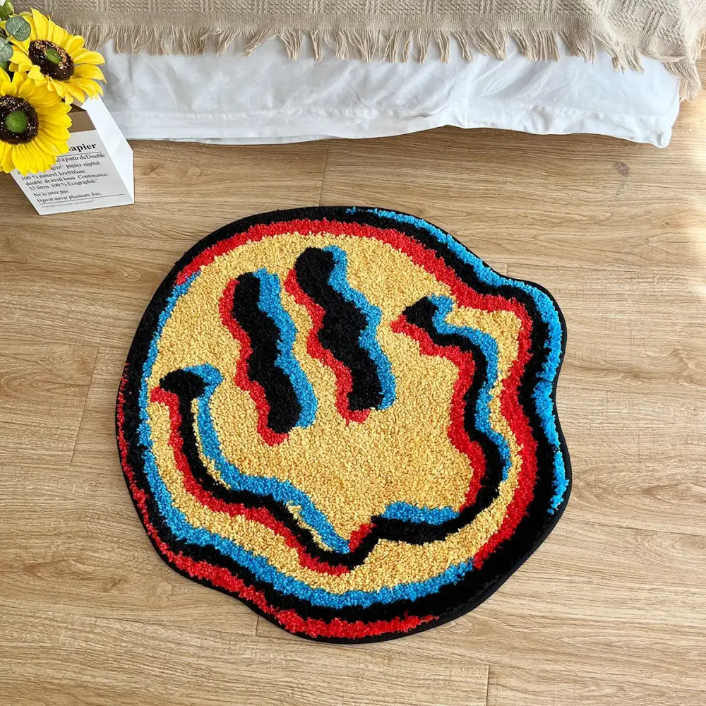 Tapis effet 3d avec illusion d’optique sourire coloré en peluche jaune rouge bleu et noir