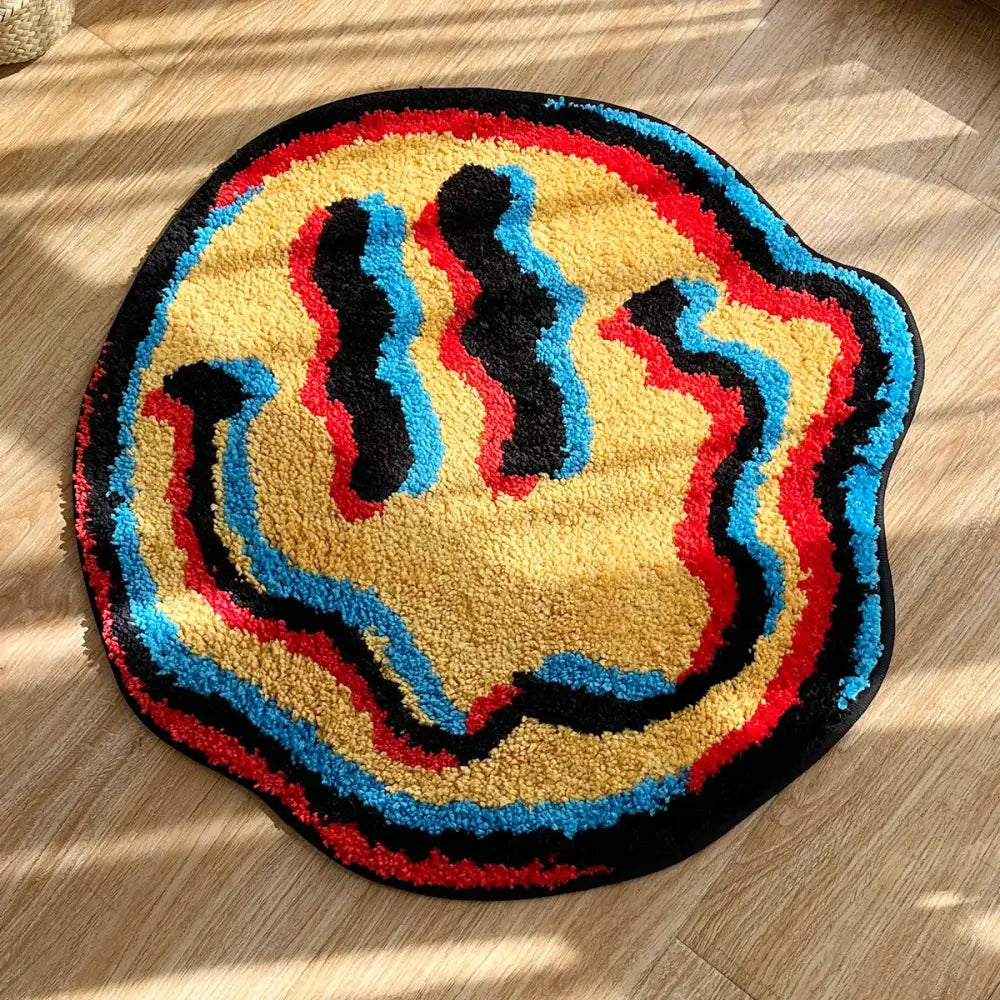 Tapis effet 3d circulaire en tissu moelleux jaune avec visage souriant et rayures ondulées noir rouge bleu illusion d’optique