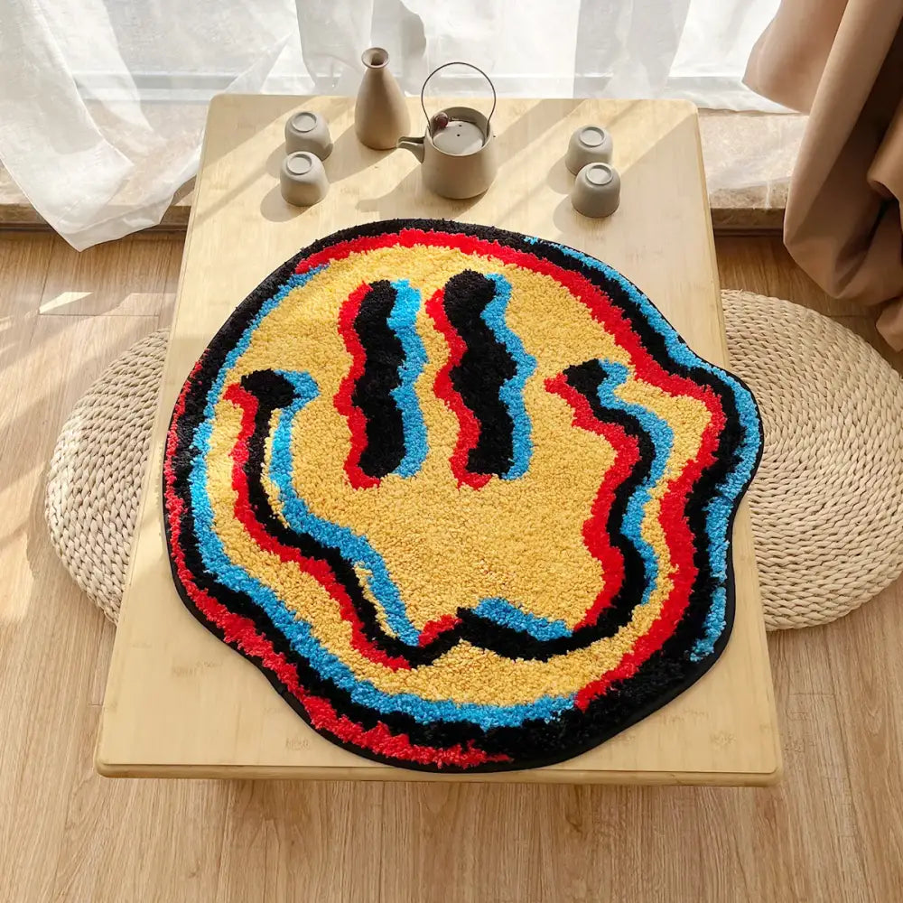 Tapis effet 3d avec illusion d’optique smiley face vibrant et duveteux jaune rouge bleu et noir