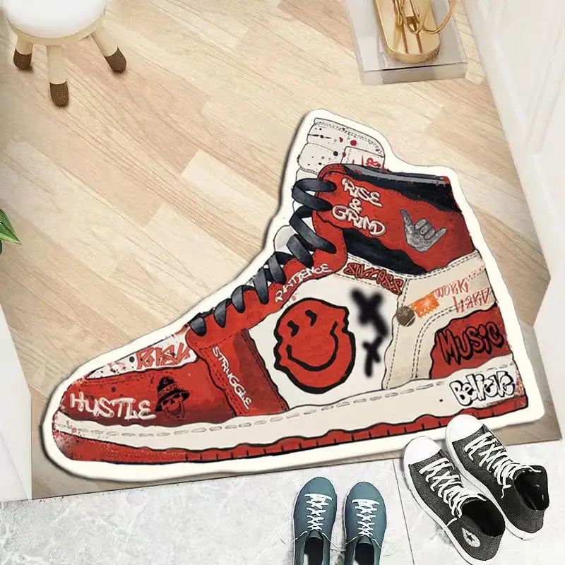 Tapis de baskets montantes rouges et blanches avec design visage souriant, texte « hustle ».