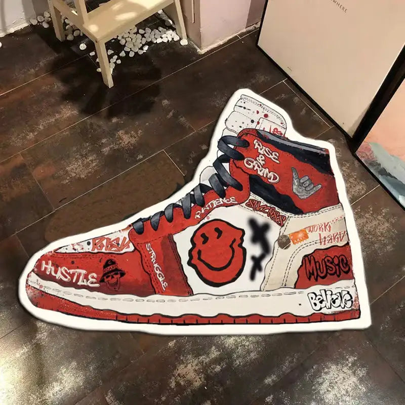 Tapis de basket montante rouge et blanc avec design de visage souriant, texte « hustle », modèle Jordan de marque populaire.
