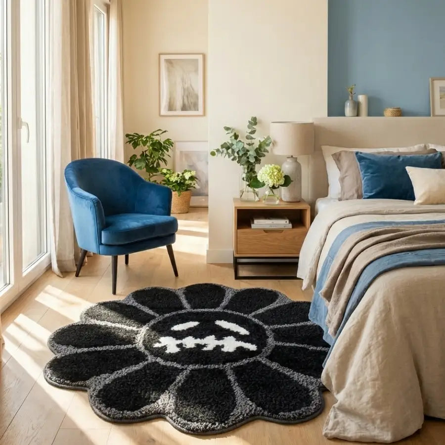 Tapis en forme de fleur noir et blanc avec un design de visage souriant, matériau moelleux.