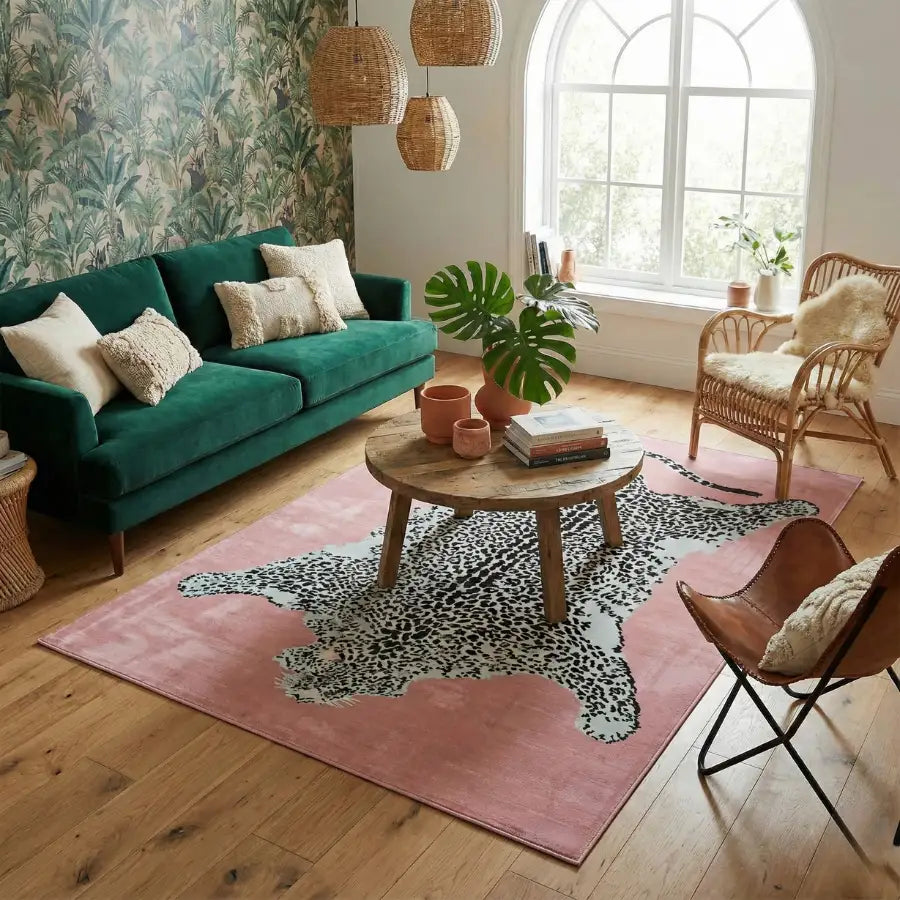 Tapis à motif léopard rose avec accents verts et blancs, fabriqué en matériau moelleux.