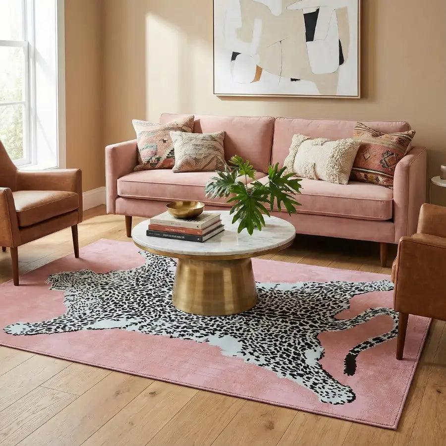 Canapé en velours rose avec coussins de jeté à motif léopard et table basse en bois.