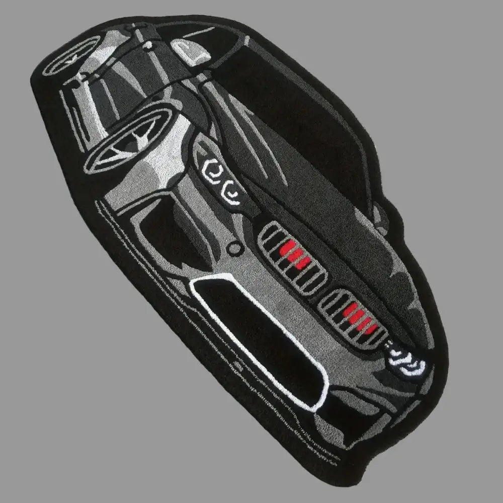 Tapis en forme de voiture noir et argent brodé avec accents rouges pour décoration intérieure
