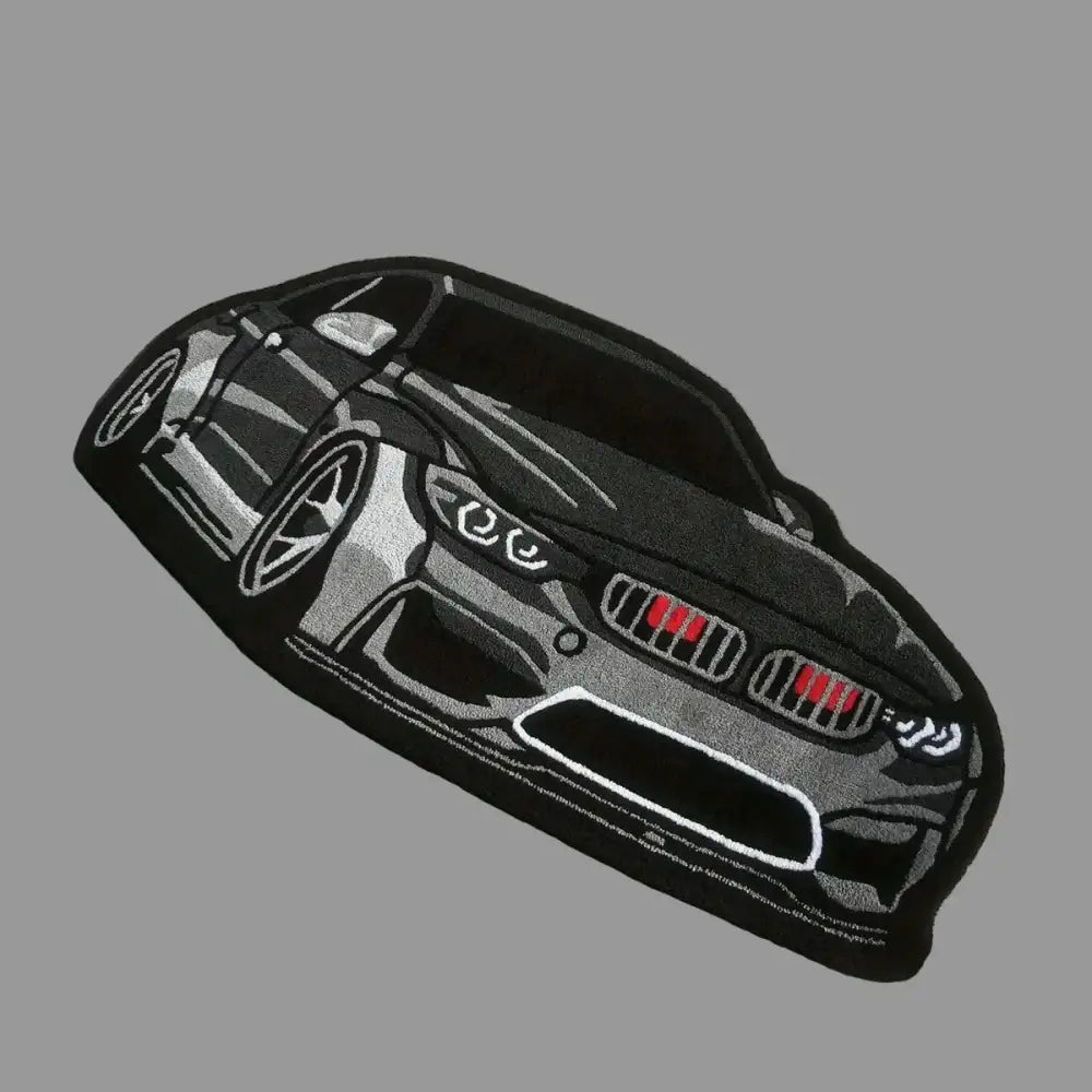 Patch noir brodé représentant une voiture de sport bmw stylisée en argent et rouge pour tapis en forme de voiture