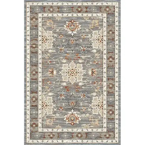 Tapis gris et terracotta avec motifs floraux et géométriques complexes dans des tons gris bleuté et beige