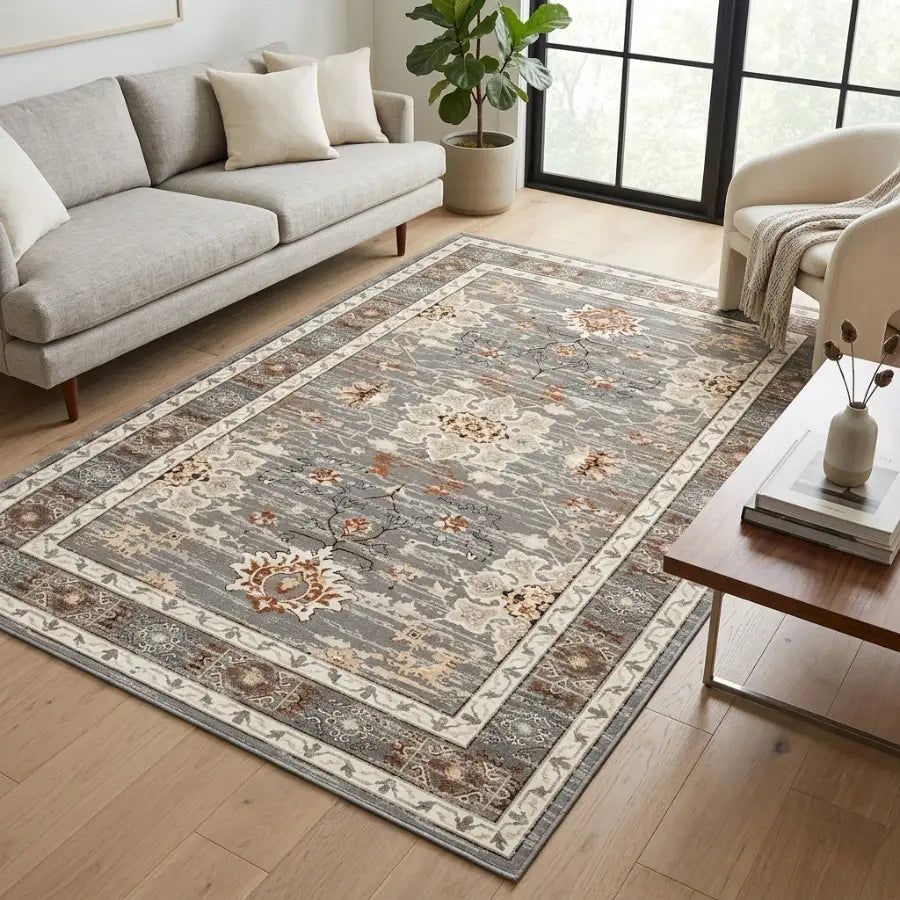 Tapis gris et terracotta rectangulaire avec motif floral vintage en tons gris bleuté, beige et rouille avec bordure orientale