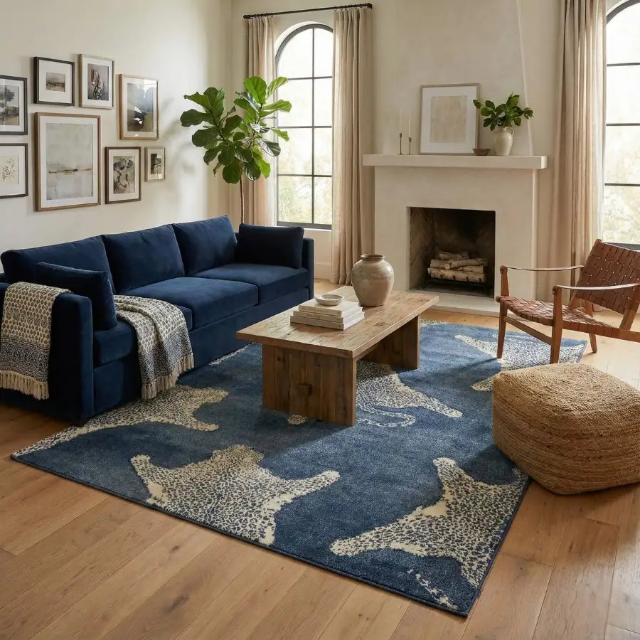 Canapé d’angle en velours bleu marine avec un design moderne et des coussins moelleux.