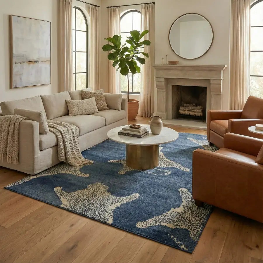 Tapis abstrait bleu et blanc avec motif d’étoiles de mer, matériau texturé.