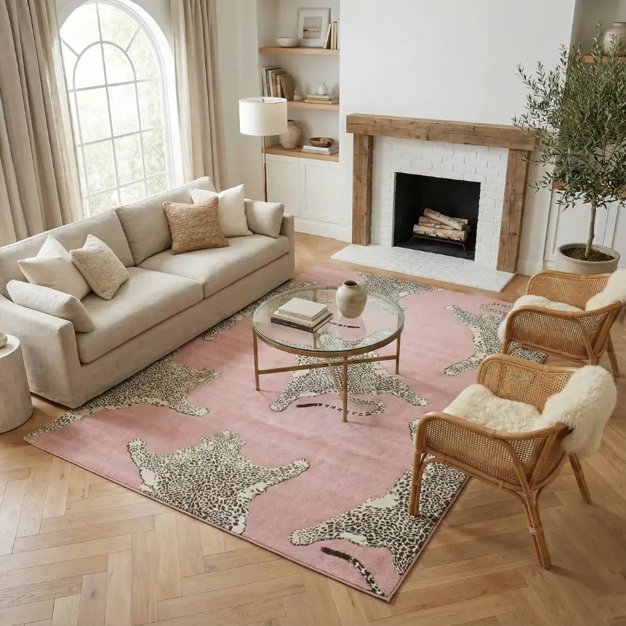 Tapis à motif léopard rose avec un design moderne et une texture douce.