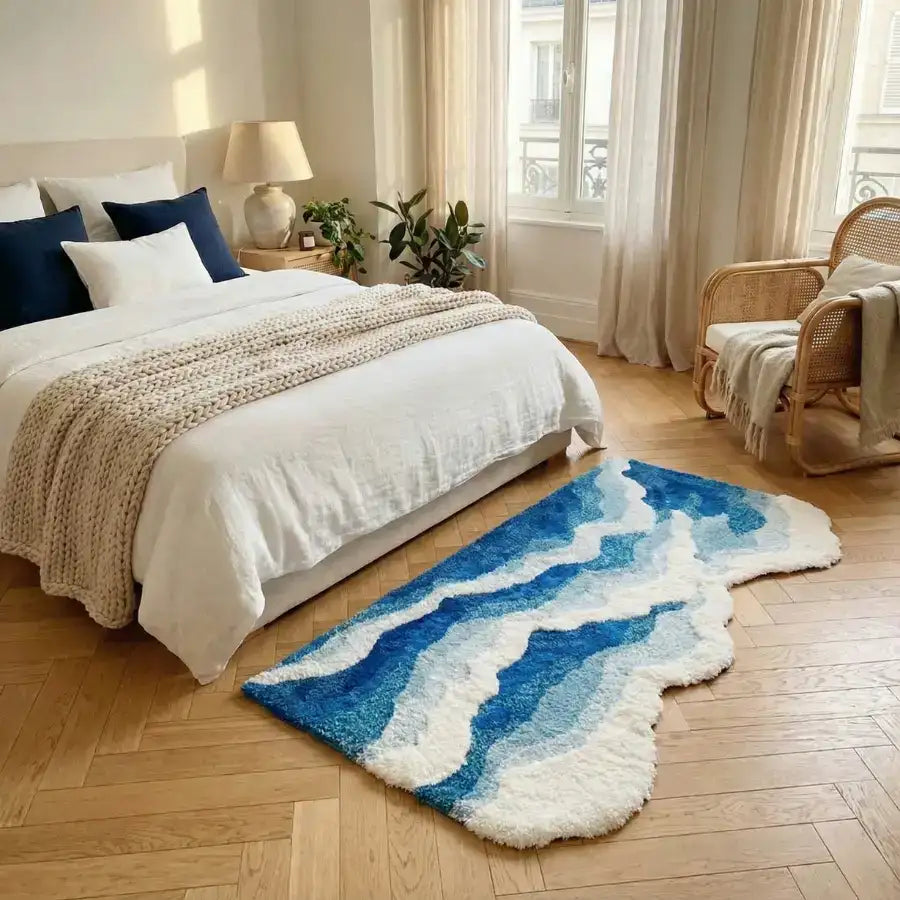 Un tapis moelleux à motif ondulé, aux tons de bleu et de blanc, avec une surface douce et texturée.