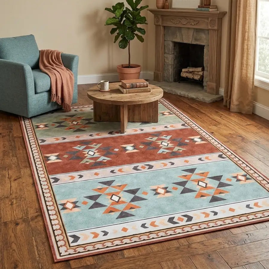 Tapis navajo rectangulaire avec motif tribal géométrique en terracotta, teal et beige pour un style tapis ethnique