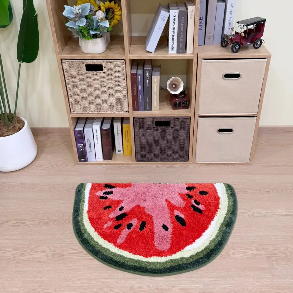 Tapis de bain en forme de pastèque avec des teintes vives de rouge, vert et rose, orné de graines noires sur une surface texturée.