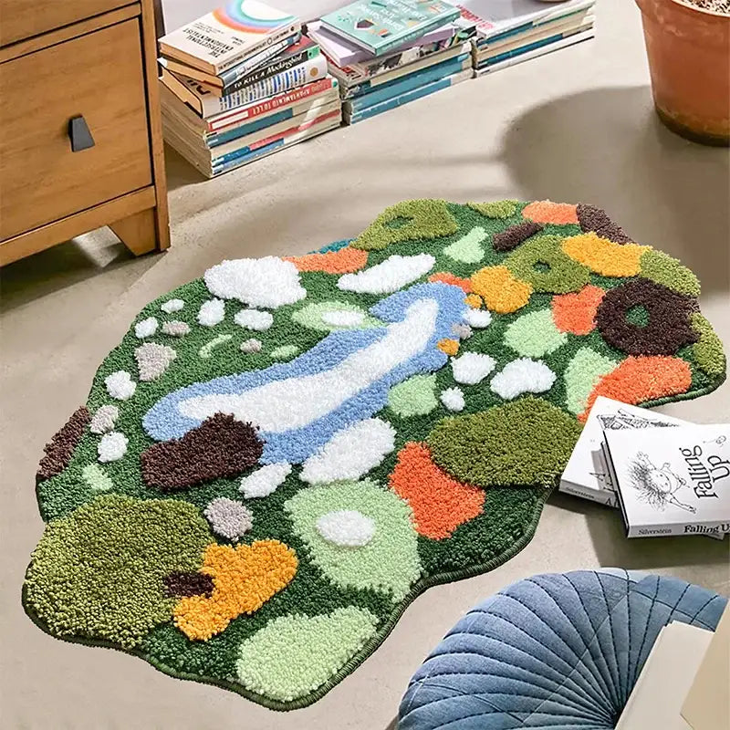 Tapis de bain vert et blanc en forme de tortue avec un design texturé, probablement fabriqué en matériau moelleux.