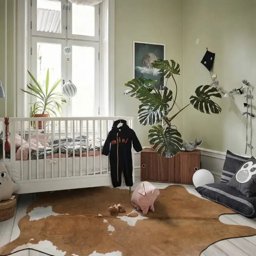 Tapis en peau de vache avec des taches brunes et blanches, texture en cuir.