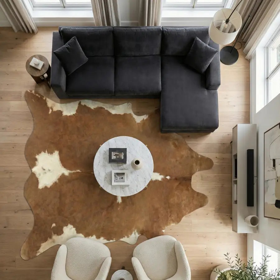 Tapis en cuir de vache avec des marques naturelles brun et blanc, texture en cuir.