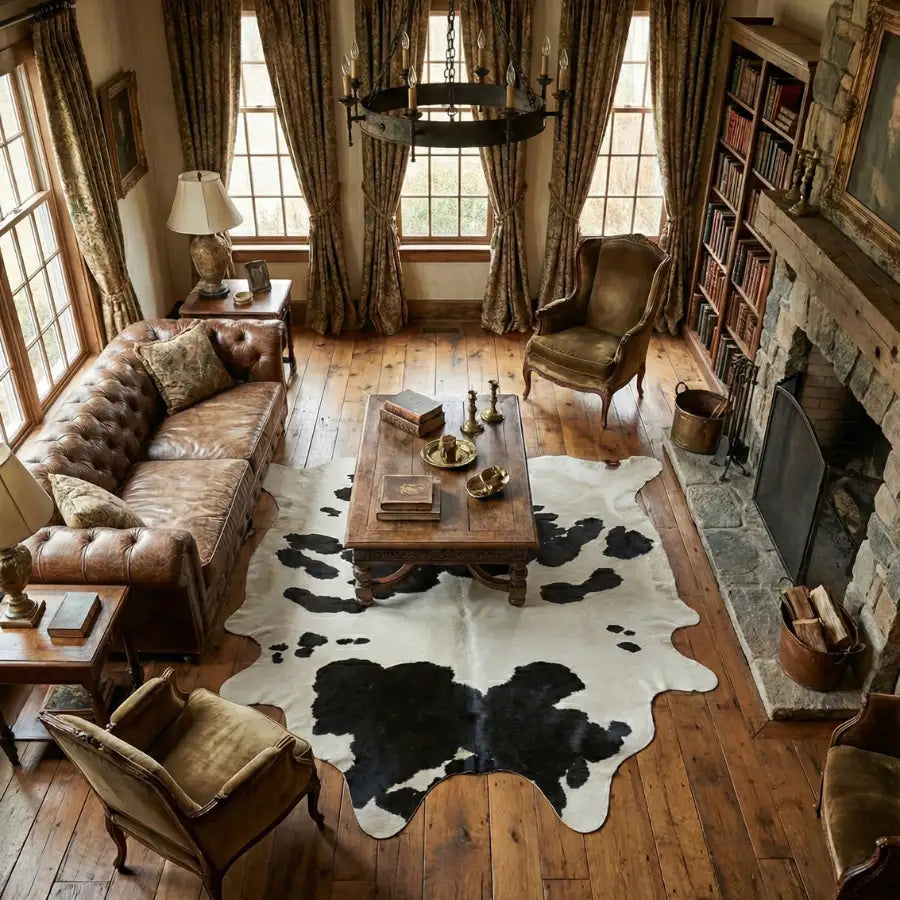 Tapis en cuir de vache avec des taches noires et blanches, texture en cuir.