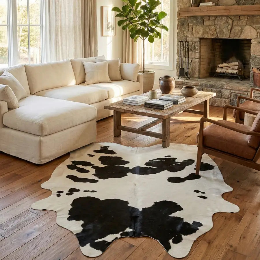 Tapis en cuir de vache avec des taches noires et blanches, texture de cuir naturel.