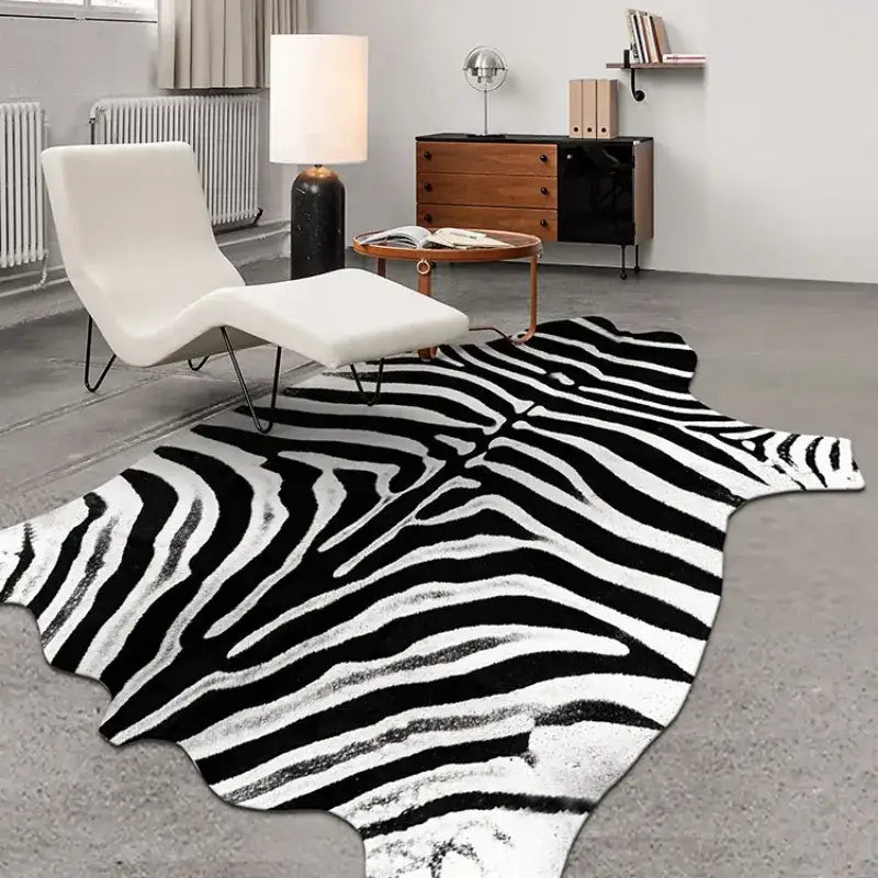 Tapis à imprimé zèbre avec rayures noires et blanches, texture fourrure synthétique.