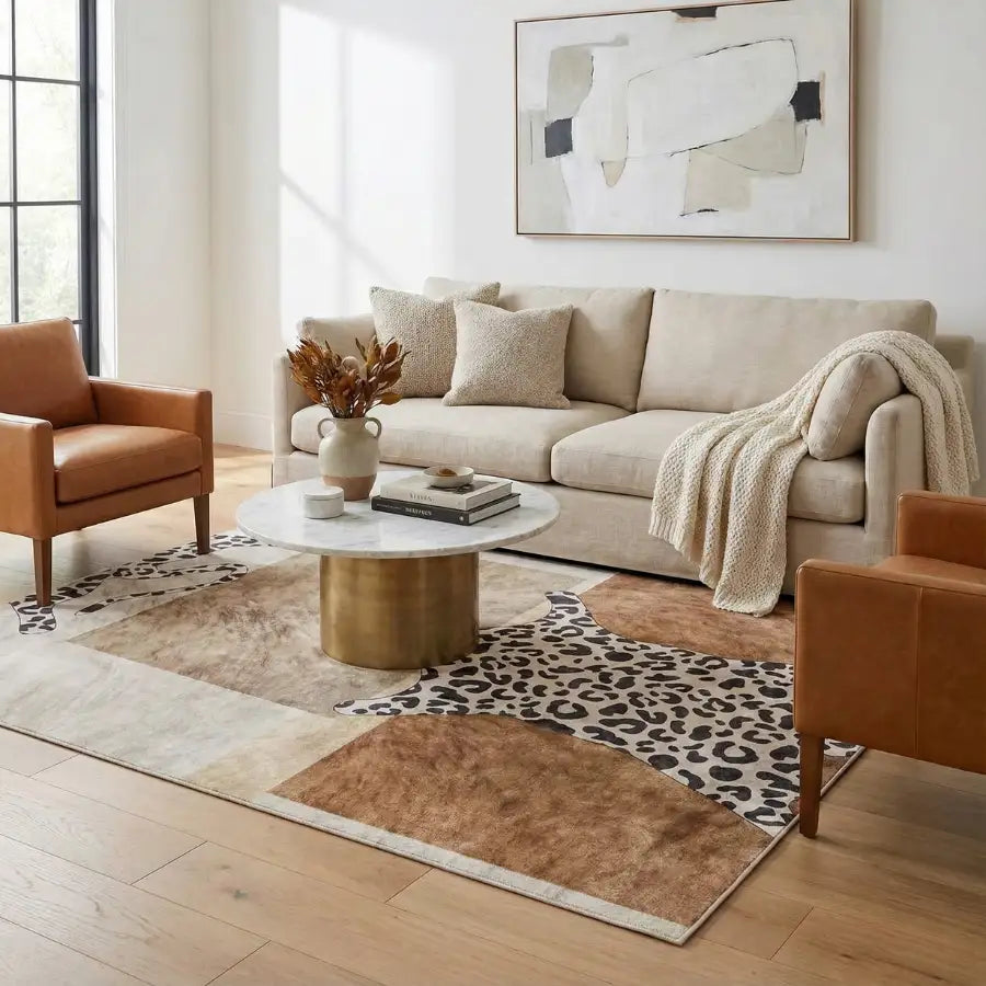 Canapé beige au design moderne et aux pieds en bois, avec une palette de couleurs neutres.