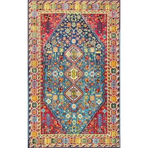 Vibrant tapis persan coloré with central deep blue and red diamond motif and ornate geometric floral borders