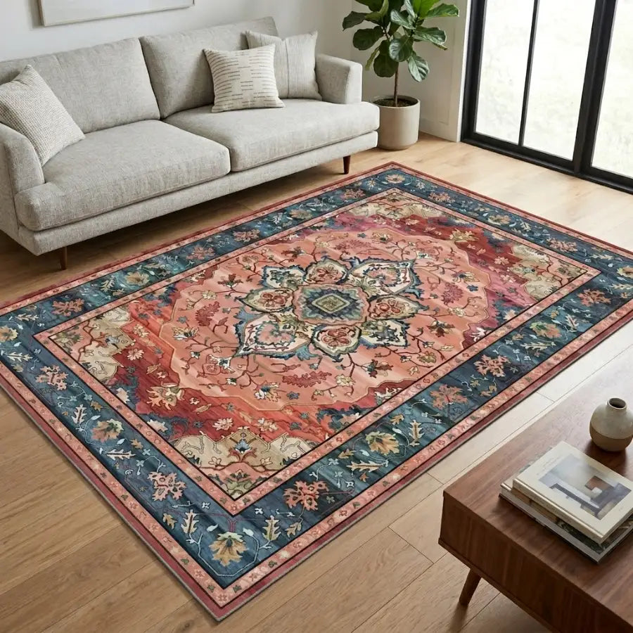 Tapis persan rose rectangulaire avec motif floral et géométrique vintage en corail, teal et crème