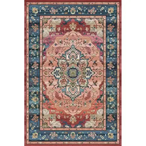 Tapis persan rose rectangulaire vintage avec motif floral et géométrique en rose poussiéreux, bleu sarcelle et crème