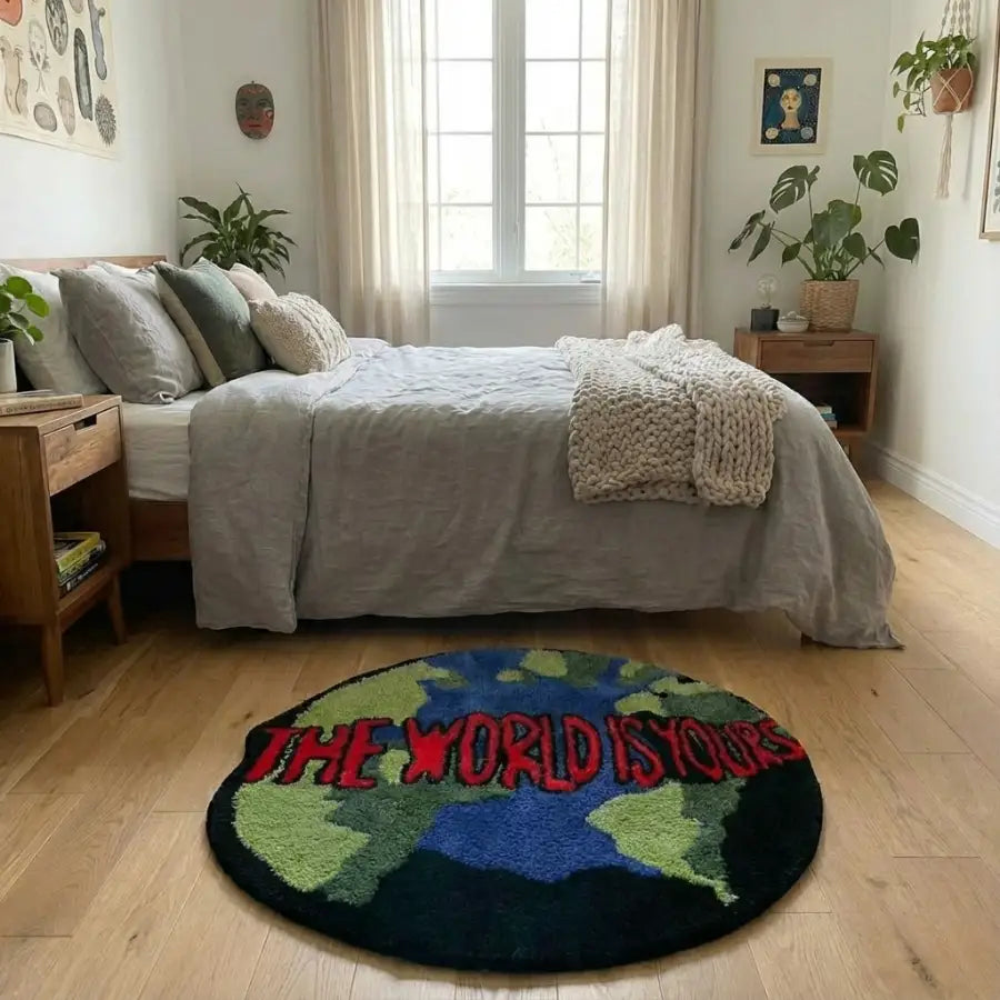 Tapis rond avec un design de carte du monde, continents verts et bleus, fond noir, texte blanc « le monde est à vous »