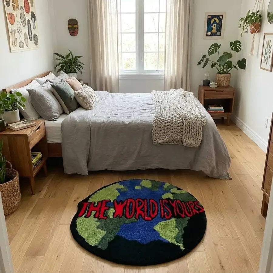 Tapis rond avec motif de carte du monde, texte ’le monde est à vous’ en rouge et jaune sur fond noir.