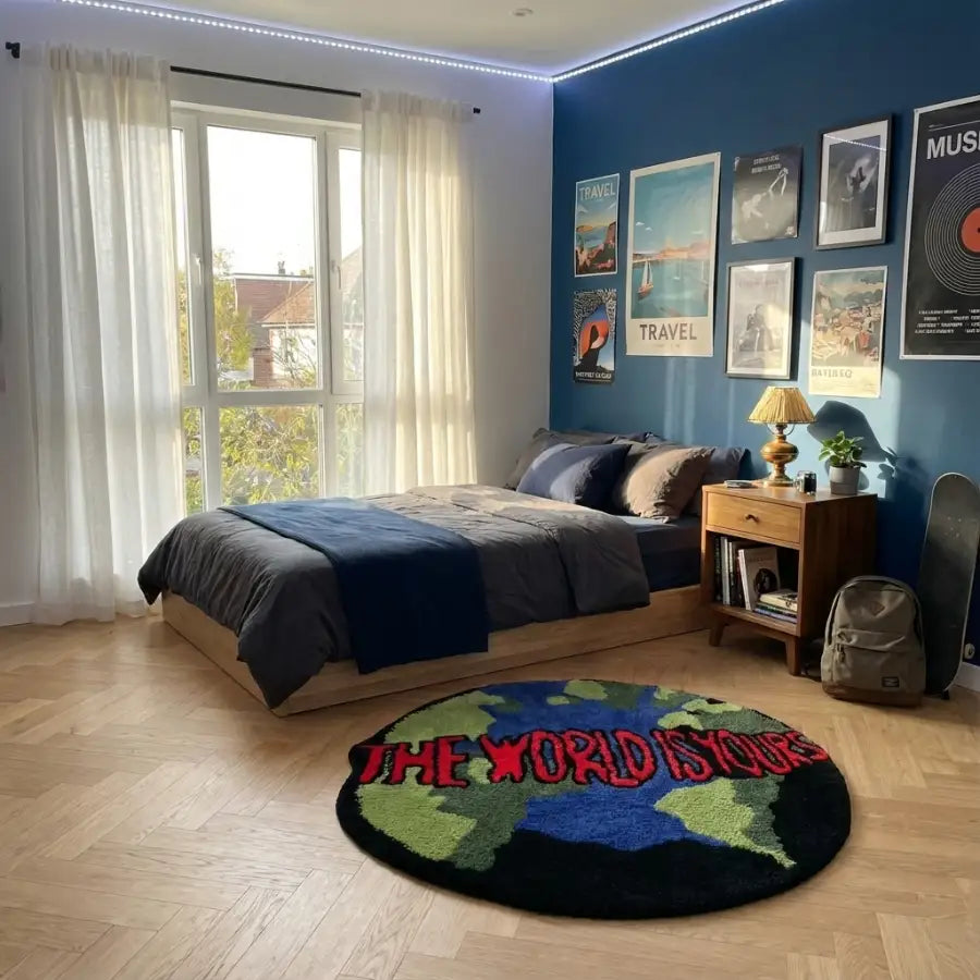 Tapis bleu et blanc en forme de globe avec le texte « le monde est rond » en rouge.