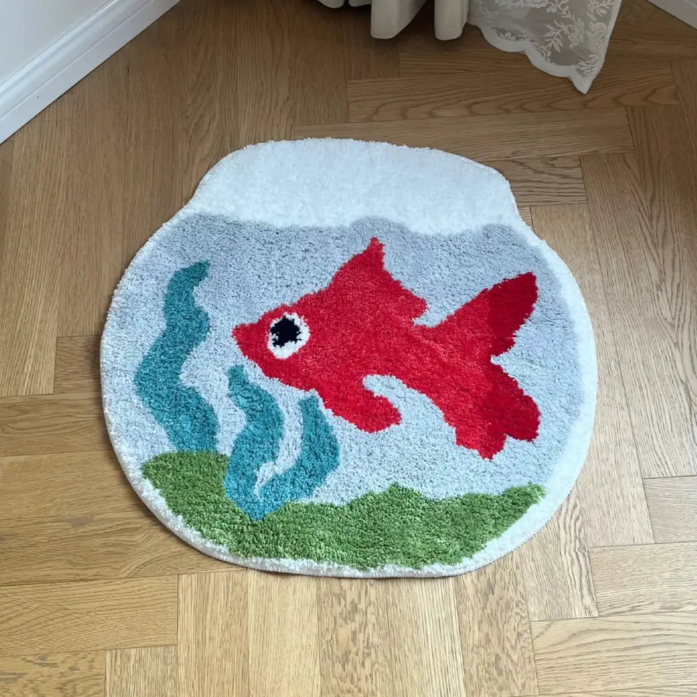 Tapis de bain poisson rouge avec design d’eau bleue et plantes vertes, fabriqué en matériau moelleux.