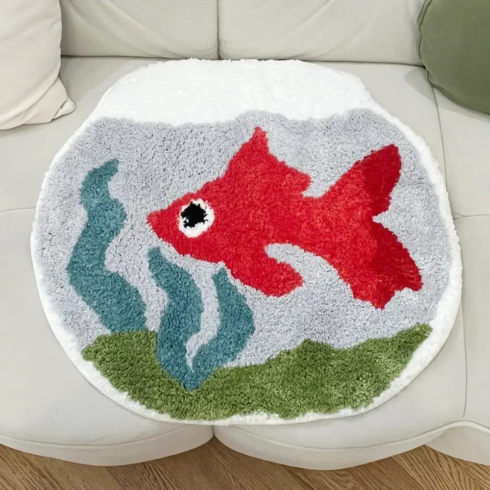 Tapis de bain poisson rouge avec motif d’algues vertes et bleues sur fond gris, matériau moelleux.