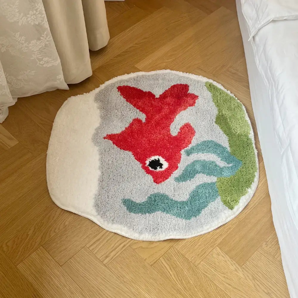 Tapis de bain poisson rouge et vert avec fond gris, matériau moelleux.