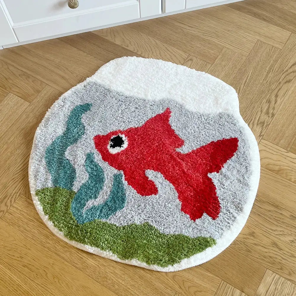 Tapis de bain poisson rouge avec design d’algues vertes sur fond gris, matériau moelleux.