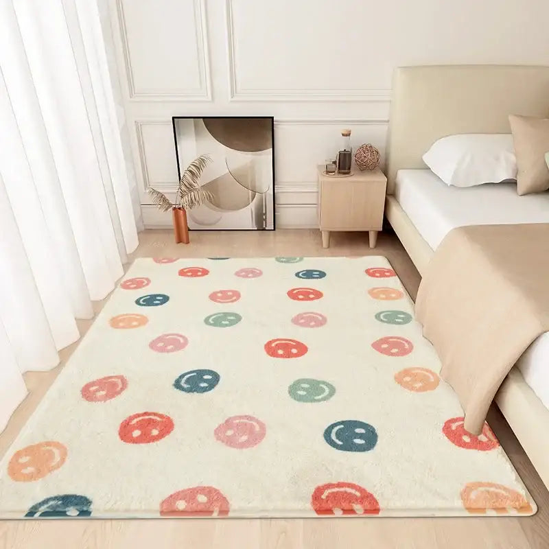 Tapis de couleur crème avec un motif de boutons colorés, matériau moelleux.