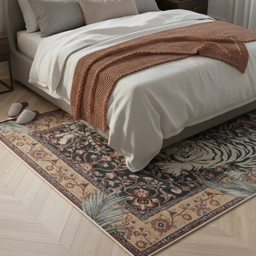 Tapis tigre beige et vert avec motif de bordure florale, probablement fabriqué en polyester ou nylon.