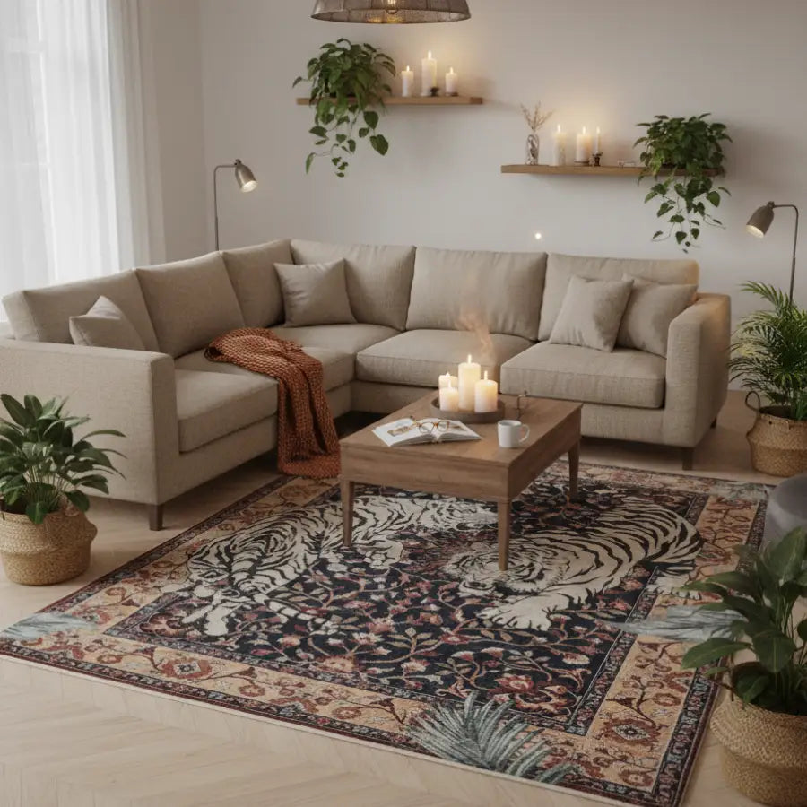 Canapé d’angle beige avec tapis à motif floral et table basse en bois.