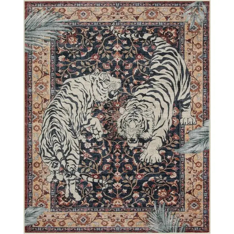 Tapis de tigre blanc avec motif floral et design de bordure, probablement fabriqué en polyester ou mélange de coton.