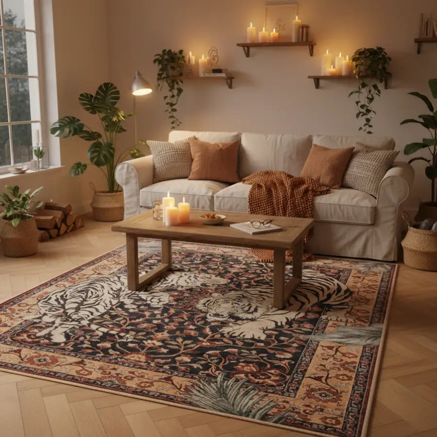 Tapis de zone beige à motifs floraux avec un design complexe et une texture douce.