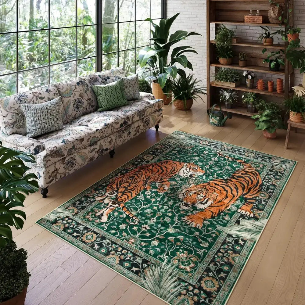 Tapis de tigre vert avec motif floral et tigres orange vibrants sur un fond de jungle luxuriante.