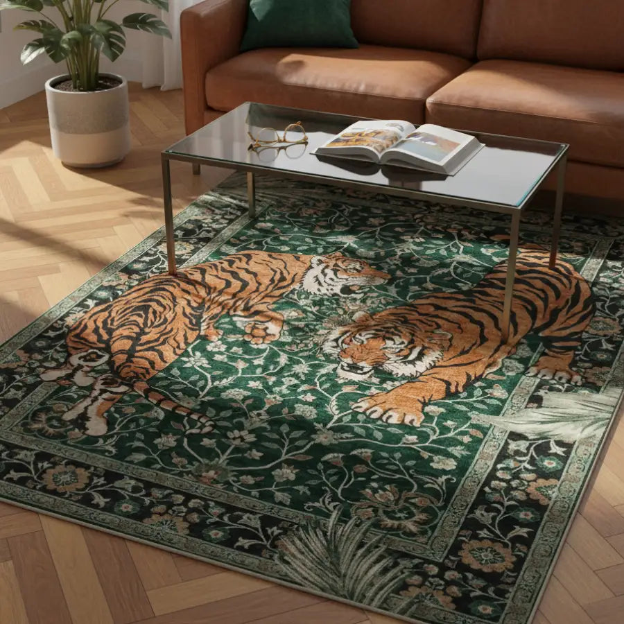 Tapis de tigre avec bordure florale verte et noire, design moderne.